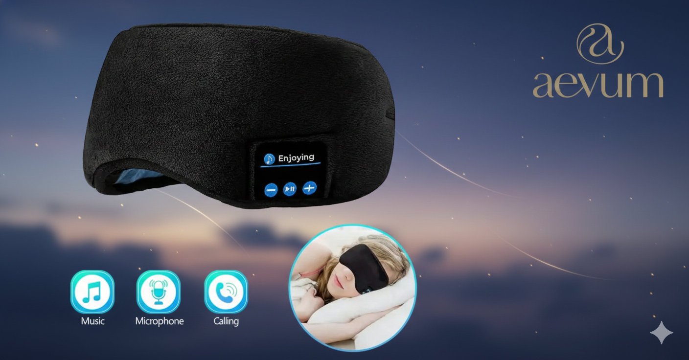 Antifaz para dormir de tela suave color negro con audífonos bluetooth invisibles integrados - Aevum Chile.