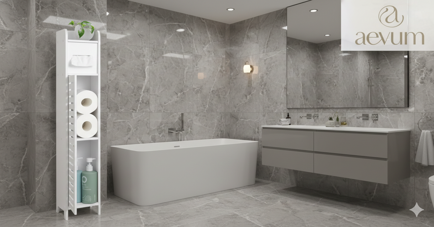 Armario de baño vertical estrecho fabricado en PVC blanco impermeable con compartimentos para organización - Aevum Chile.