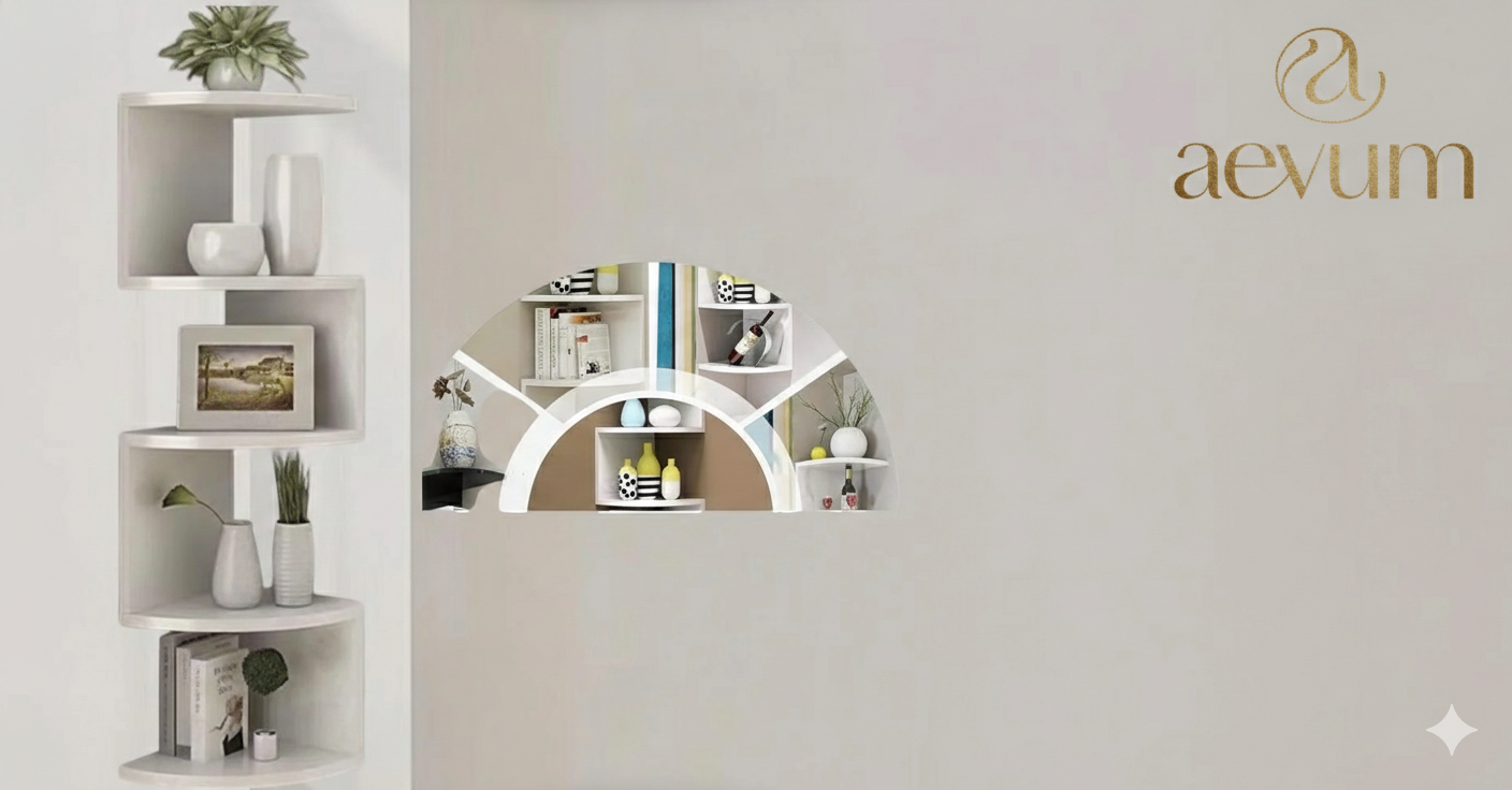 Repisa esquinera flotante de 5 niveles en color blanco con bordes redondeados para decoración de interiores - Aevum Chile.