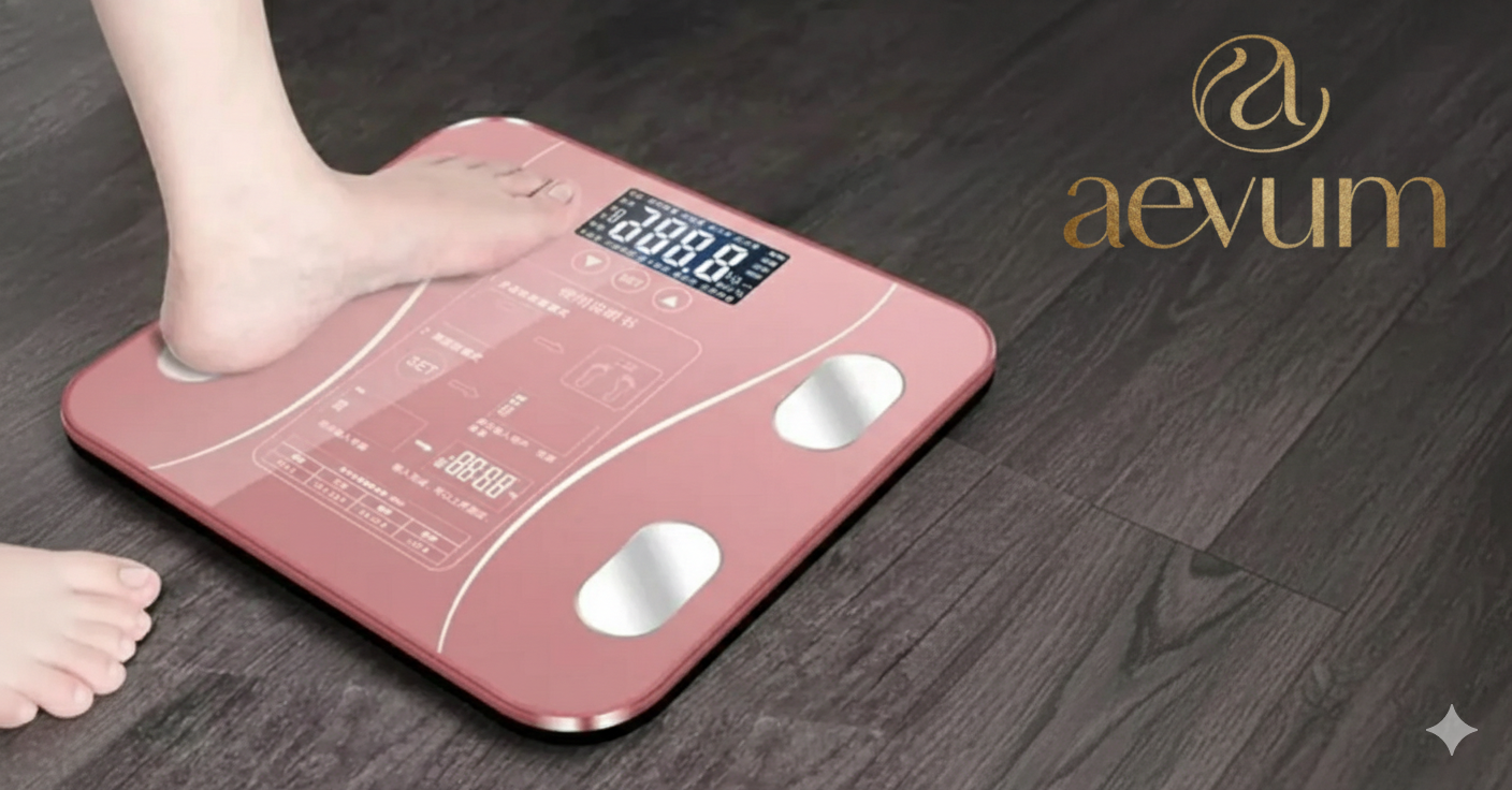 Balanza digital inteligente de vidrio templado negro con pantalla LCD y conectividad Bluetooth para seguimiento de salud - Aevum Chile.
