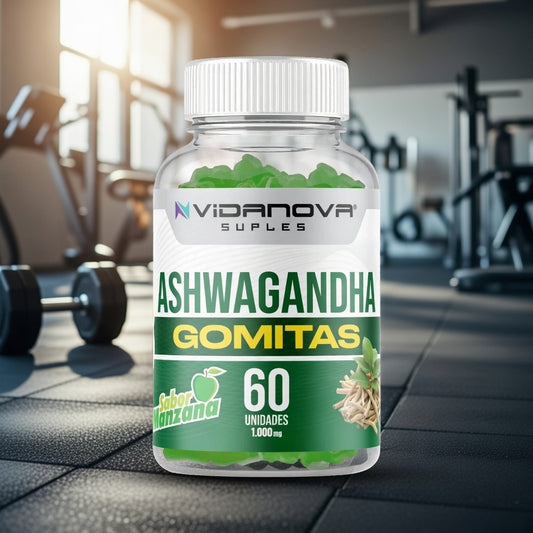 Frasco de 60 gomitas suplemento de Ashwagandha y NAD+ 1000mg para energía y control del estrés - Aevum Chile.