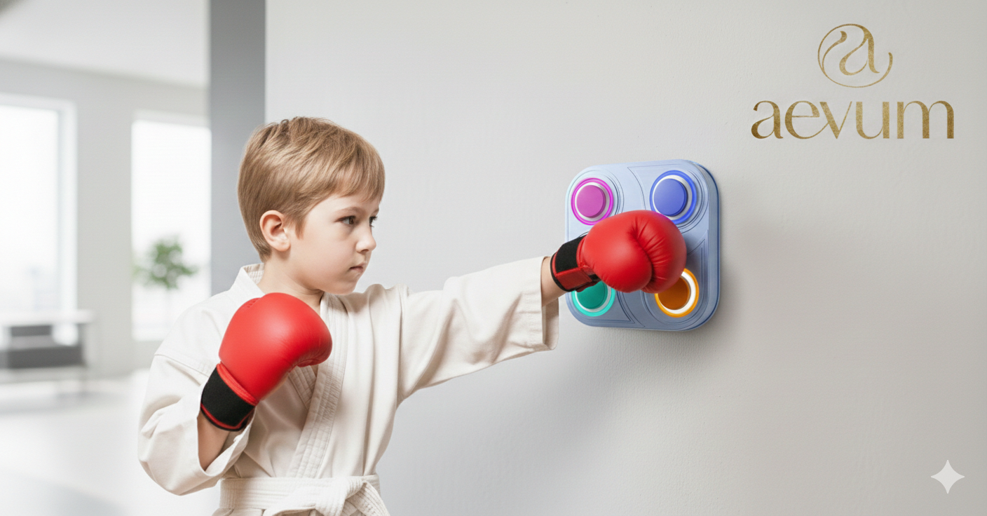 Máquina de boxeo musical montada en pared con luces LED de colores para entrenamiento infantil - Aevum Chile.
