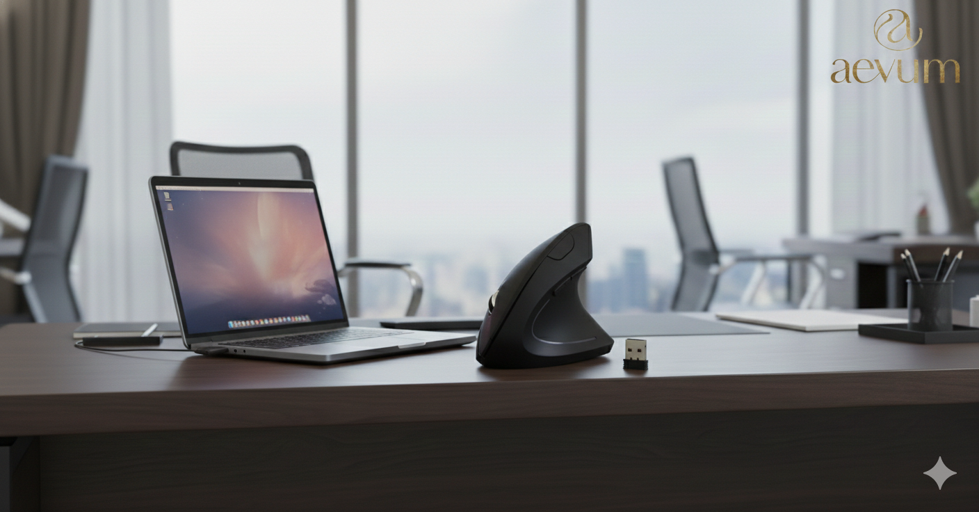 Mouse ergonómico de diseño futurista y elegante en color negro para oficina y productividad - Aevum Chile.