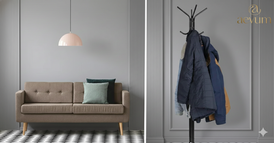 Perchero metálico de pie con base trípode y múltiples ganchos para organización de abrigos y accesorios - Aevum Chile.