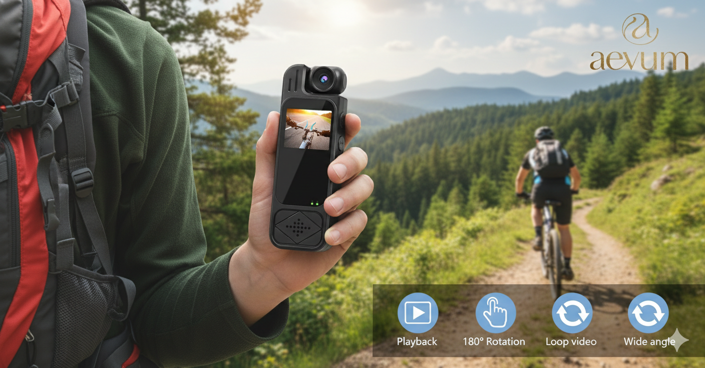 Cámara corporal tipo Bodycam con pantalla LCD y lente ajustable para vigilancia y seguridad - Aevum Chile.