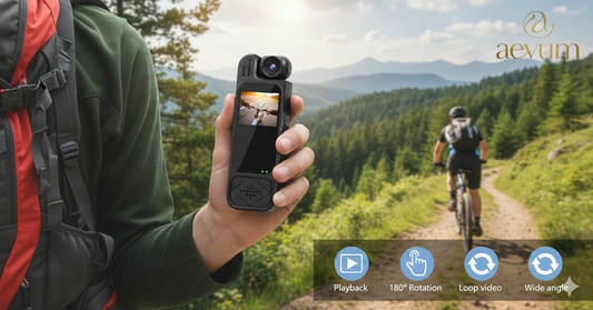 Cámara corporal tipo Bodycam con pantalla LCD y lente ajustable para vigilancia y seguridad - Aevum Chile.