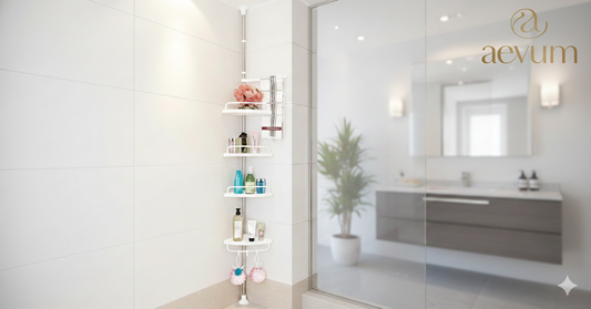 Estante esquinero retráctil para ducha con niveles ajustables y toallero integrado en diseño blanco moderno - Aevum Chile.