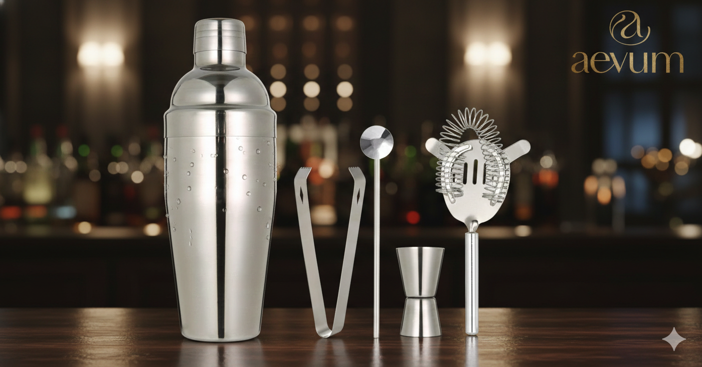 Set completo de herramientas para barman profesional en acero inoxidable sobre una barra elegante - Aevum Chile.