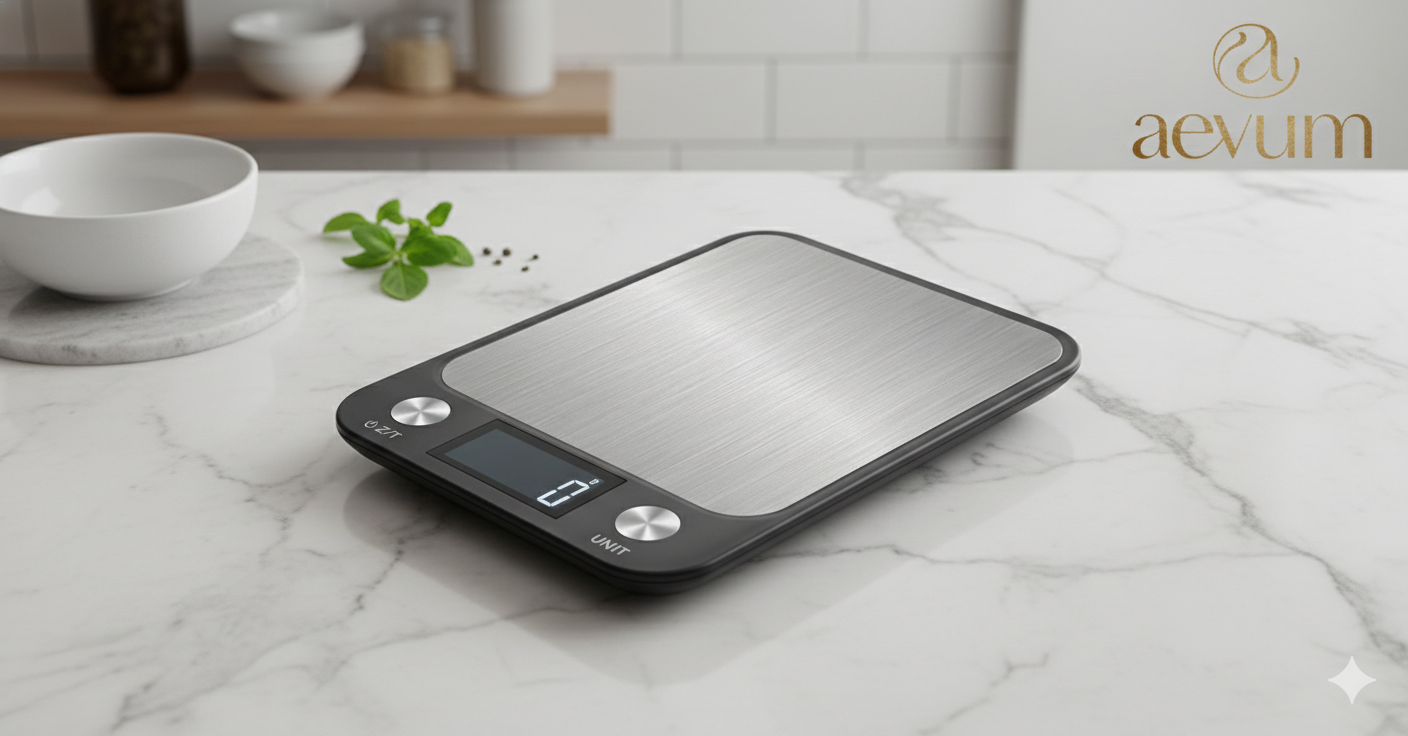 Báscula de cocina digital de acero inoxidable con pantalla LCD de alta precisión para alimentos y repostería - Aevum Chile.