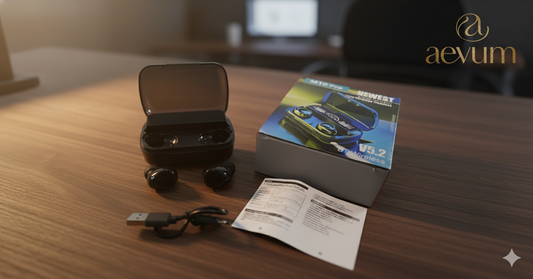 Audífonos bluetooth M10 negros en su estuche de carga con indicador de batería LED digital - Aevum Chile.