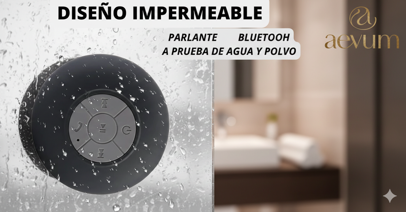 Parlante bluetooth portátil e impermeable para ducha con diseño moderno y gotas de agua - Aevum Chile.
