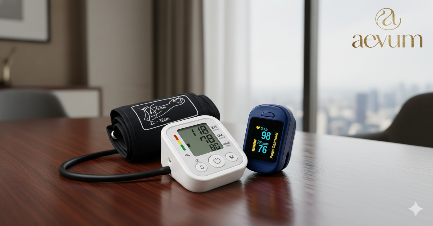 Kit de monitoreo médico con tensiómetro digital para presión arterial y oxímetro de pulso de dedo - Aevum Chile.