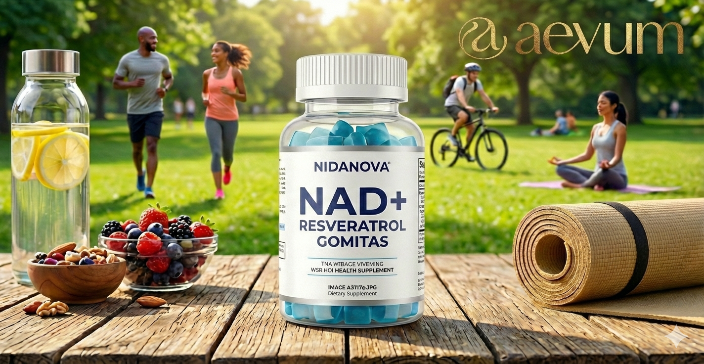 Suplemento premium en gomitas de NAD+ y Resveratrol 1000mg para salud celular y antienvejecimiento - Aevum Chile.