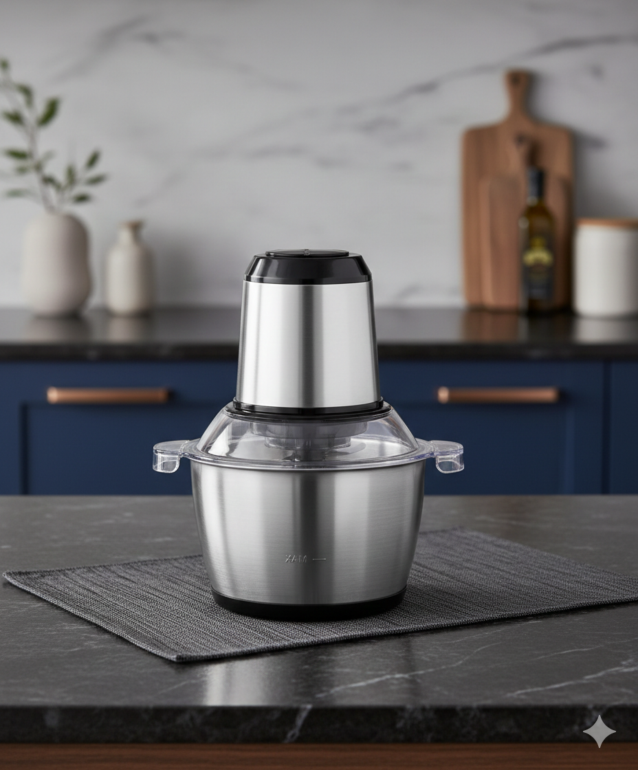 Picador y moledor eléctrico de alimentos con bol de 3 litros y sistema de 4 cuchillas de acero inoxidable - Aevum Chile.