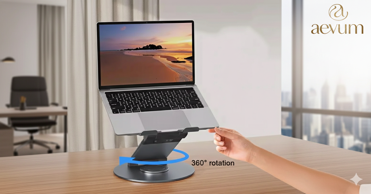 Soporte de metal premium para notebook con base giratoria de 360 grados y diseño ergonómico - Aevum Chile.