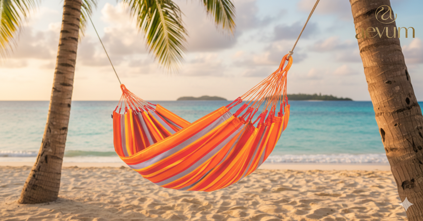 Hamaca doble XL de lona premium ultra resistente instalada en un entorno natural de camping - Aevum Chile.