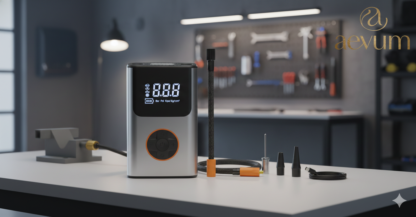 Compresor de aire portátil digital modelo CZK-3695 con pantalla LED y accesorios de inflado - Aevum Chile.