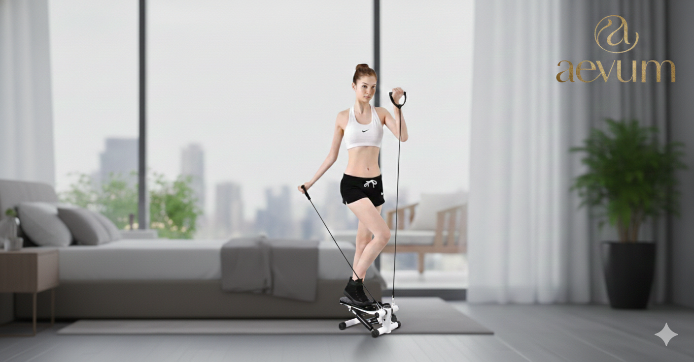 Mini stepper escaladora compacta con pedales antideslizantes, monitor digital y pistones hidráulicos de alta resistencia - Aevum Chile.