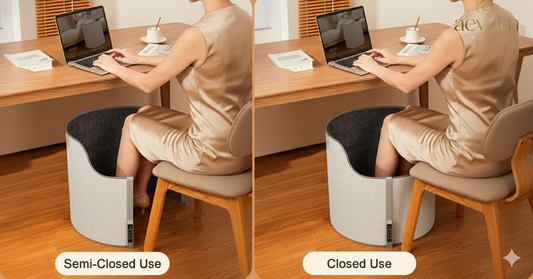 Calentador de pies eléctrico redondo con forro de tela suave y diseño elegante para hogar u oficina - Aevum Chile.