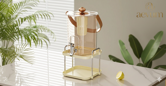 Dispensador de bebidas transparente de 5 litros con filtro interno para frutas y llave de acero inoxidable - Aevum Chile.