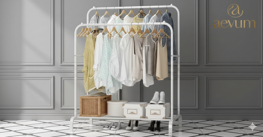 Perchero metálico de doble barra paralela con diseño industrial minimalista y gran capacidad de carga - Aevum Chile.