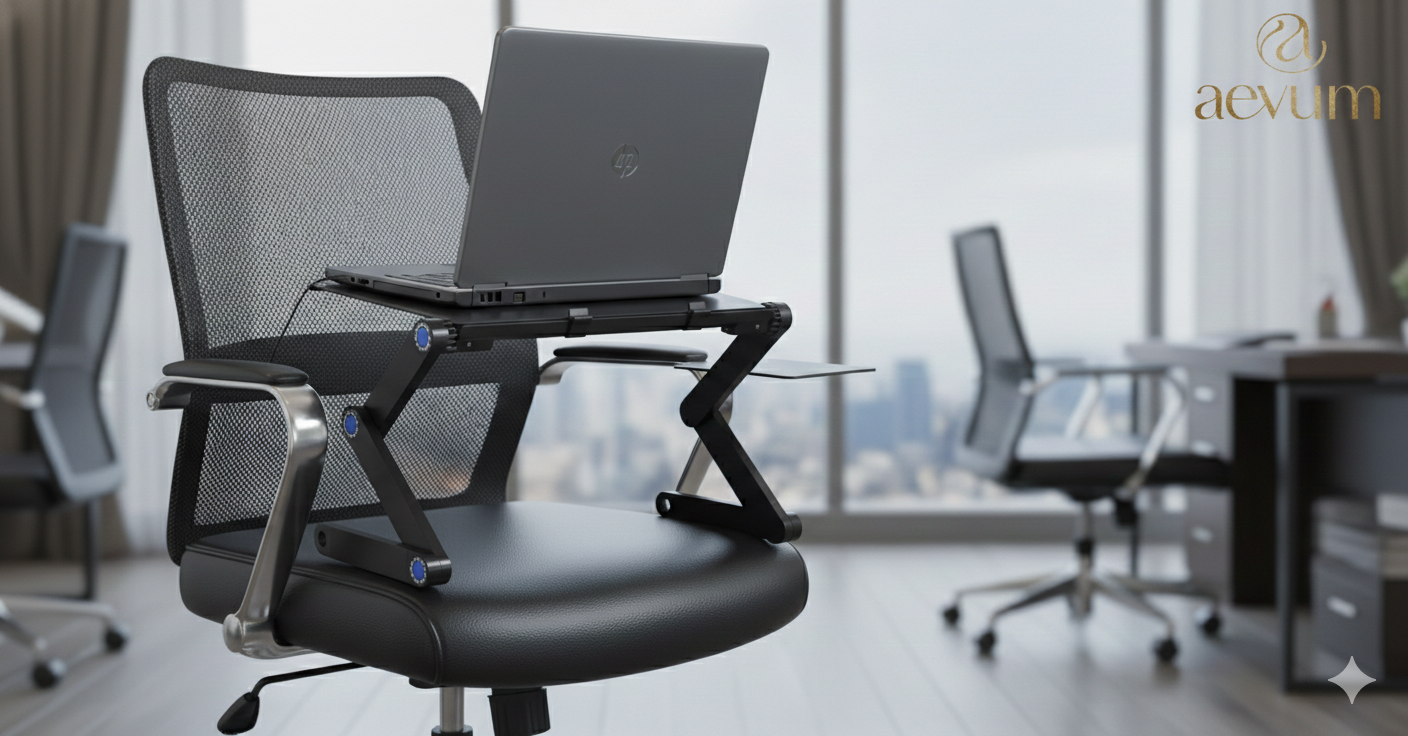 Mesa de metal plegable y portátil para notebook en color negro con diseño ergonómico - Aevum Chile.