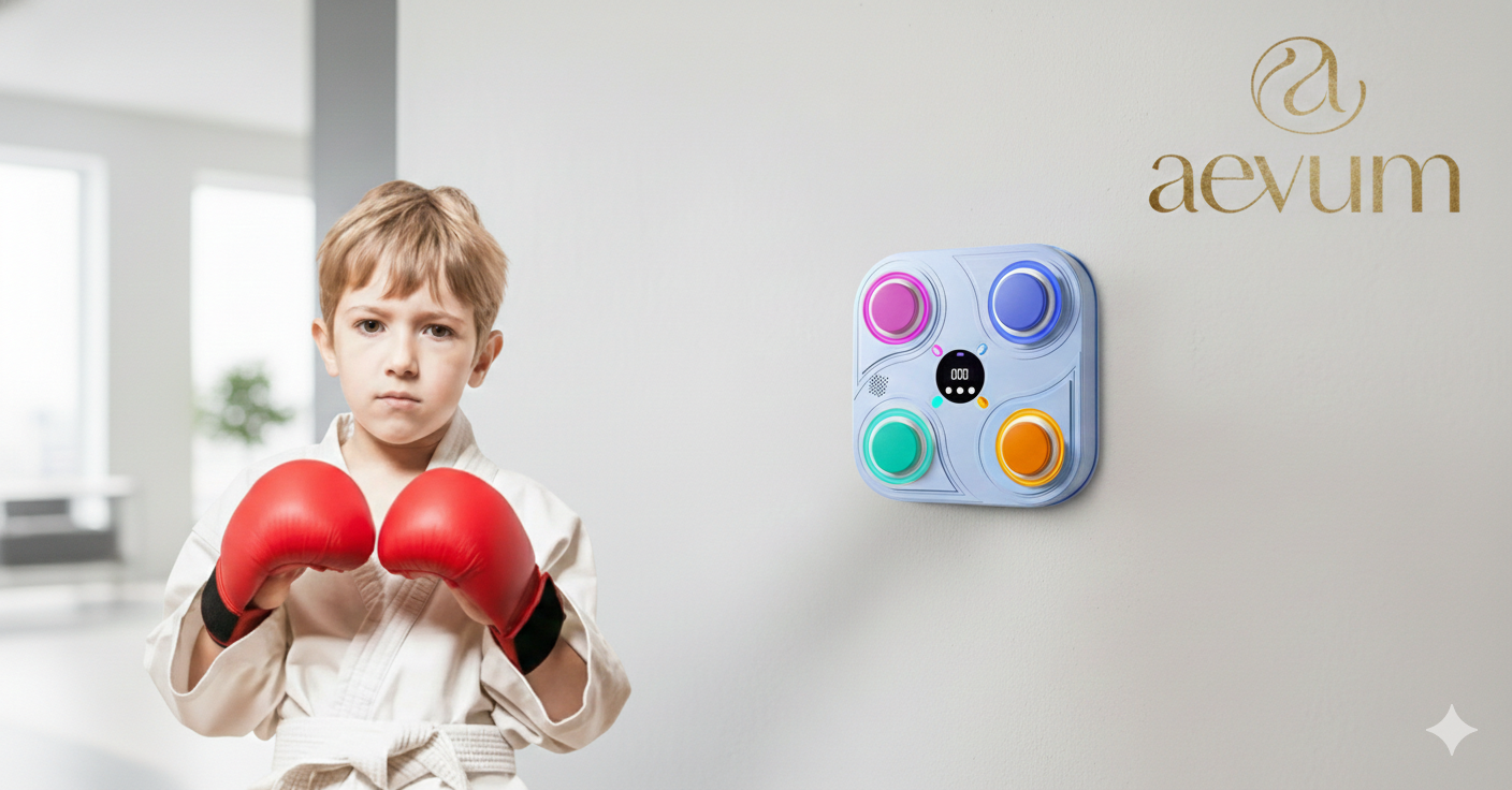 Niño usando máquina de boxeo inteligente con conexión Bluetooth y almohadillas de golpeo rítmicas - Aevum Chile.