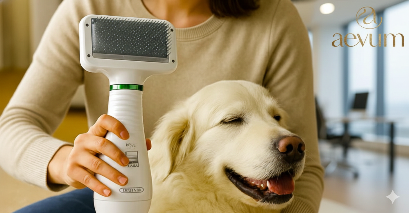 Secador de pelo ergonómico para mascotas con tecnología de reducción de ruido y cepillo integrado - Aevum Chile.