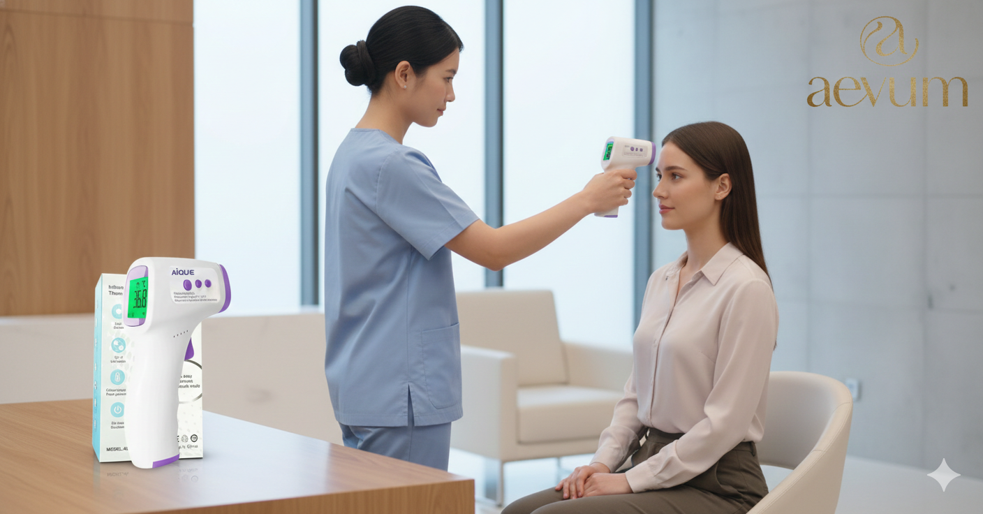 Termómetro digital de mano infrarrojo con sensor láser y pantalla LCD para medición de temperatura corporal sin contacto - Aevum Chile.