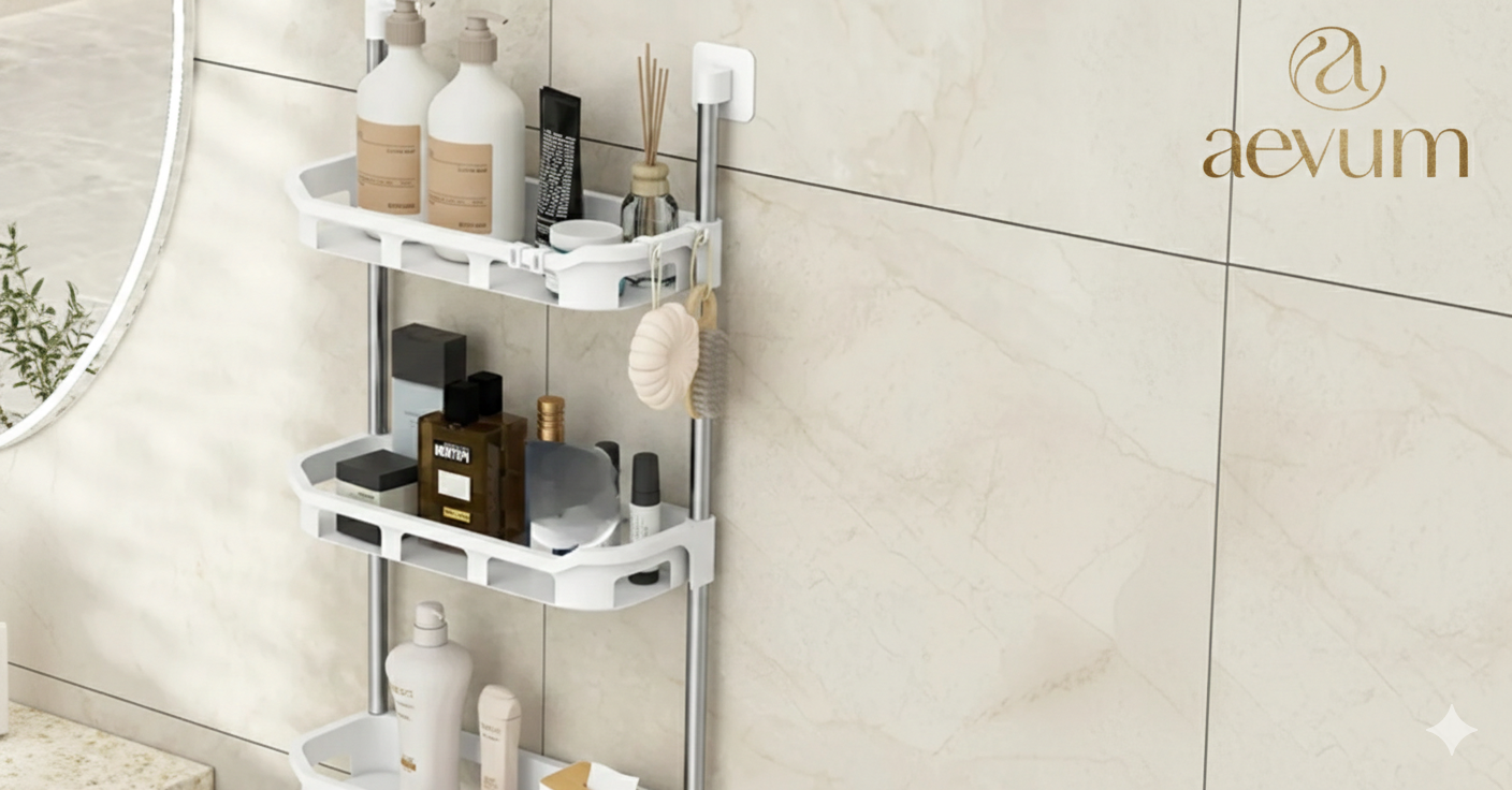 Estante organizador multifuncional de 3 niveles para pared de baño o cocina con adhesivo de alta resistencia - Aevum Chile.