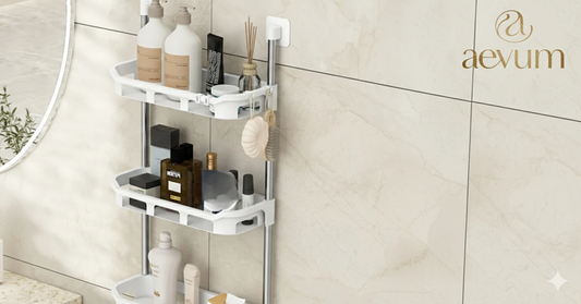 Estante organizador multifuncional de 3 niveles para pared de baño o cocina con adhesivo de alta resistencia - Aevum Chile.