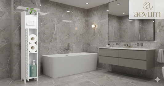 Armario de baño vertical estrecho fabricado en PVC blanco impermeable con compartimentos para organización - Aevum Chile.