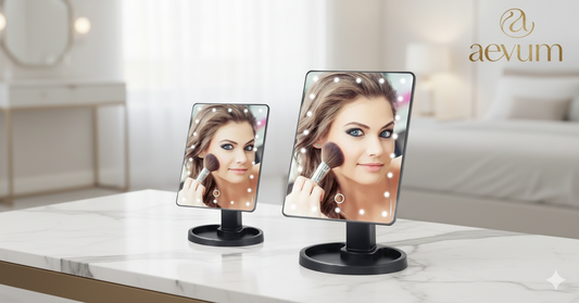 Espejo circular de maquillaje con luz LED blanca sobre un tocador elegante - Aevum Chile.