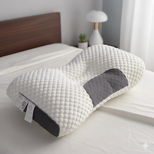 Primer plano de la funda con tecnología refrescante Arc-Chill en almohada ergonómica ajustable - Aevum Chile.