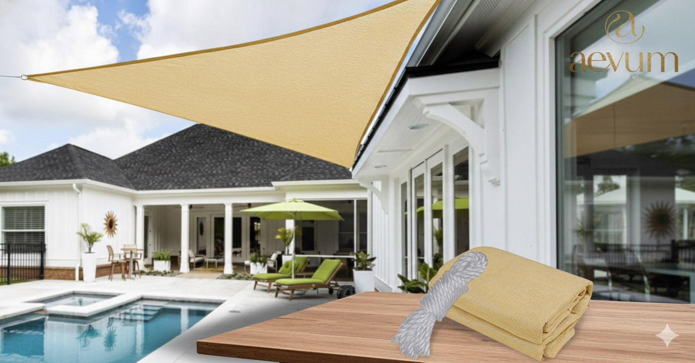 oldo de sombra tipo vela triangular de 5x5x5 metros con esquinas reforzadas y herrajes en D instalado en jardín moderno - Aevum Chile.