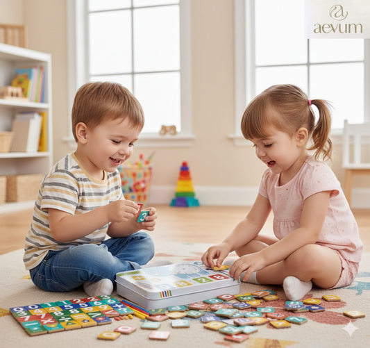 Caja de madera con juguetes educativos estilo Montessori para desarrollo preescolar - Aevum Chile.