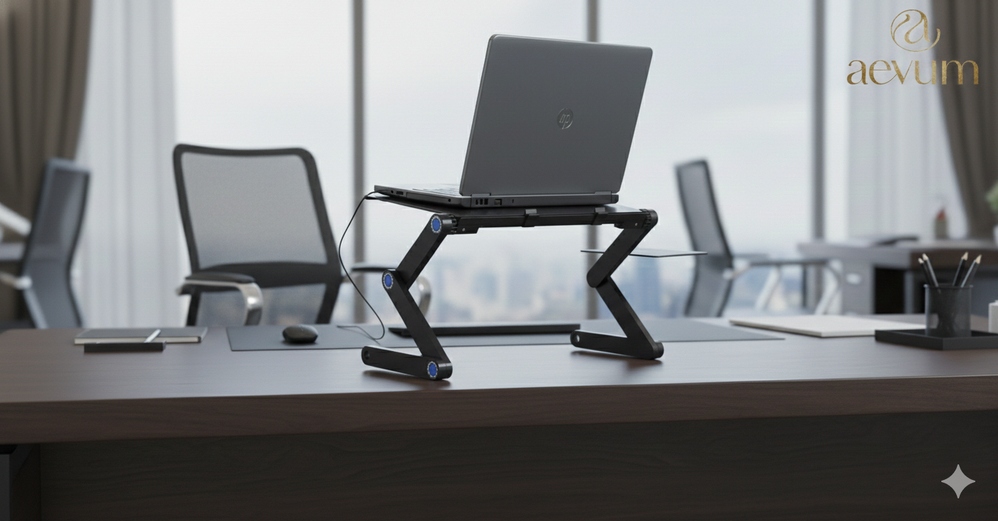Mesa de metal plegable y portátil para notebook en color negro con diseño ergonómico - Aevum Chile.