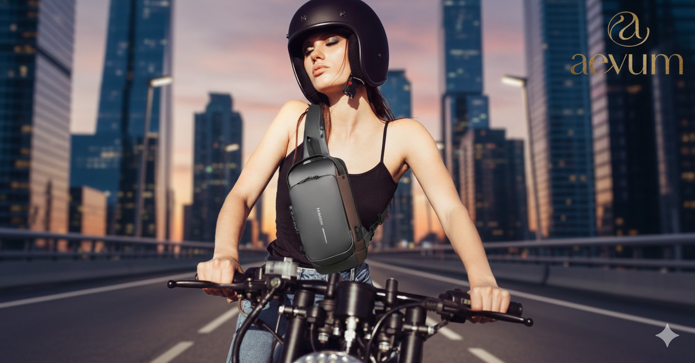 Bolso cruzado antirobo de color gris con puerto de carga USB externo y cierres de seguridad ocultos - Aevum Chile.