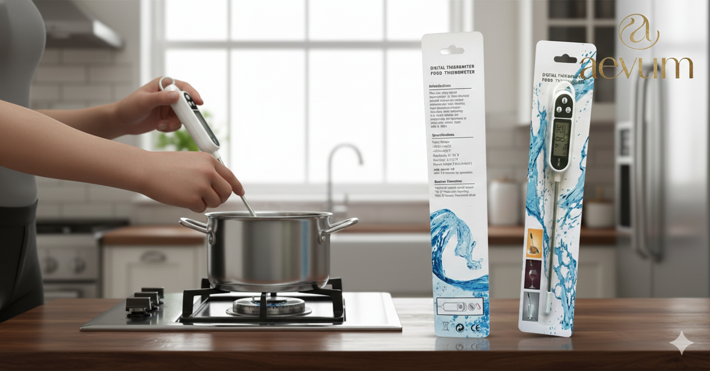 ermómetro digital de cocina con sonda de acero inoxidable y pantalla LCD midiendo la temperatura de alimentos - Aevum Chile.