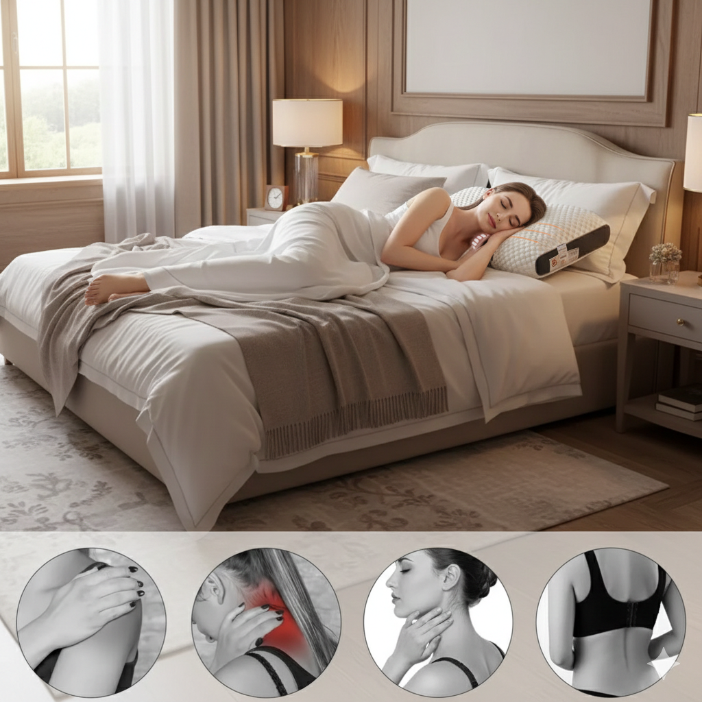 Almohada cervical ortopédica con diseño de contorno para alivio del dolor de cuello y hombros - Aevum Chile.