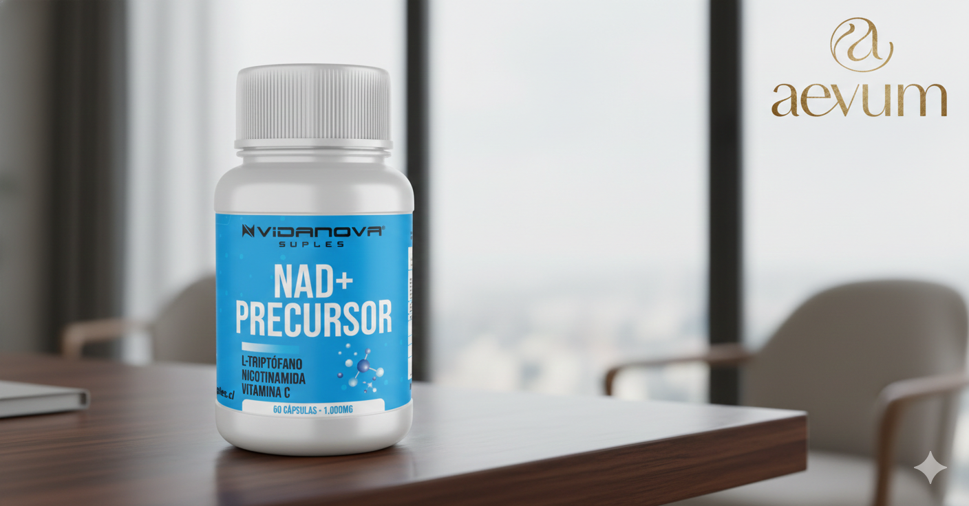 Frasco de suplemento precursor NAD+ 1000mg con 60 cápsulas para energía celular y antienvejecimiento - Aevum Chile.